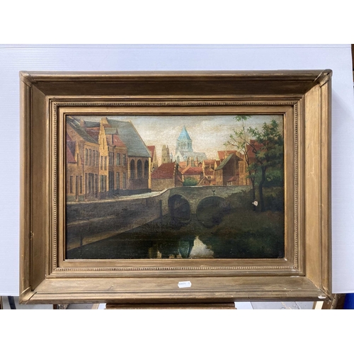 125 - Continental School: 19th cent. Oil on canvas, continental town river scene, signed lower right, poss... 