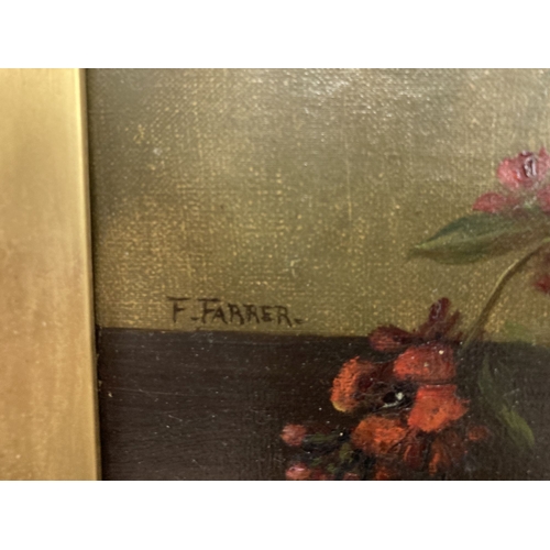 135 - Fanny Farrer: 20th cent. Oil on canvas still life, study of wallflowers in a copper dish, signed low... 