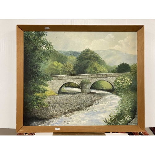 140 - 20th cent. English School: Oil on canvas including a painting of a bridge over water by J. Sander, a... 