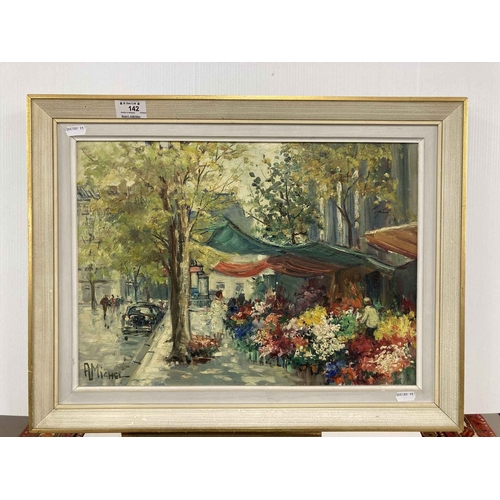 142 - Art: Oil on canvas, the flower market, Paris by Antoine Michel c1950, signed lower left. Sight size ... 