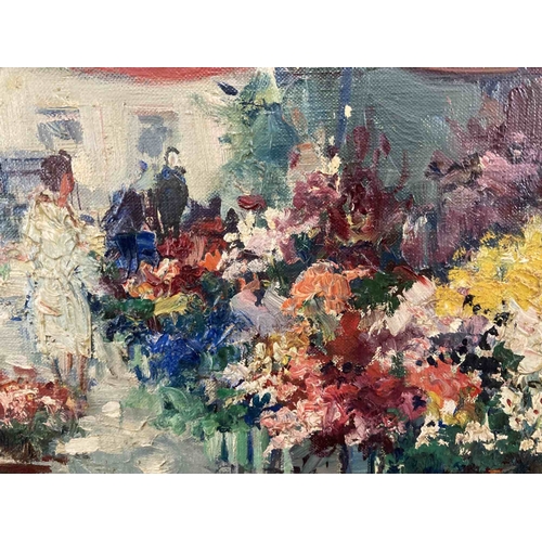 142 - Art: Oil on canvas, the flower market, Paris by Antoine Michel c1950, signed lower left. Sight size ... 