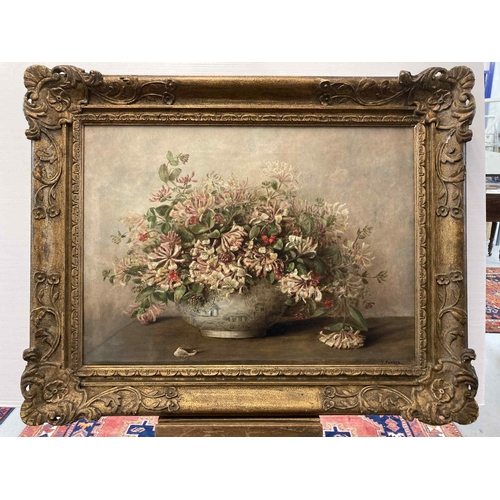 150 - Fanny Farrer: Oil on canvas still life, floral display in a Chinese bowl signed lower right, framed.... 