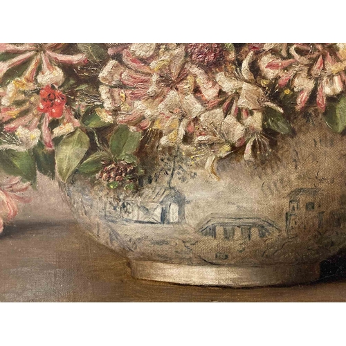 150 - Fanny Farrer: Oil on canvas still life, floral display in a Chinese bowl signed lower right, framed.... 