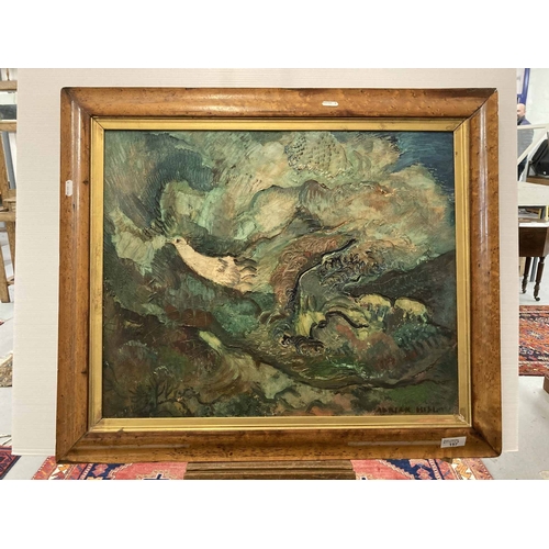 157 - * Adrian Hill RBA RI. British (1895-1977): Oil on canvas central white dove in foliage, heavy use of... 