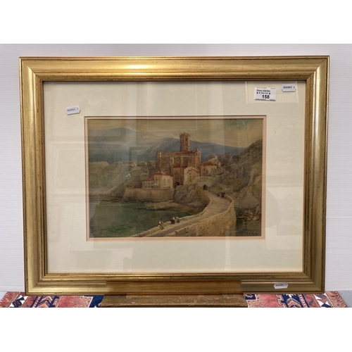 158 - British School: Early 20th cent. Watercolour of a Mediterranean coastline with harbour wall and buil... 