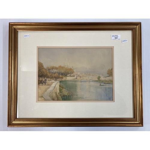 161 - British School: Evelyn Jane Whyley c1900-1920 watercolour, river view with bridge and city in the ba... 