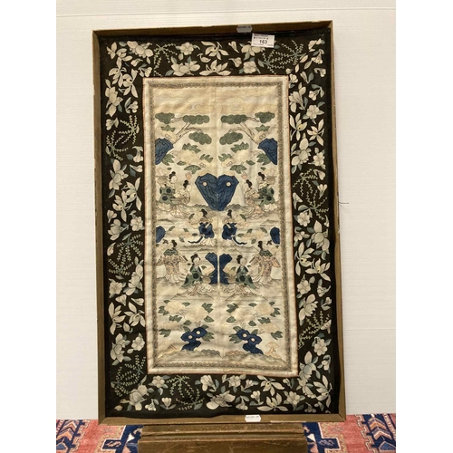 163 - Early 20th cent. Chinese silk embroidered panels c1900-1920 both with central panels decorated with ... 