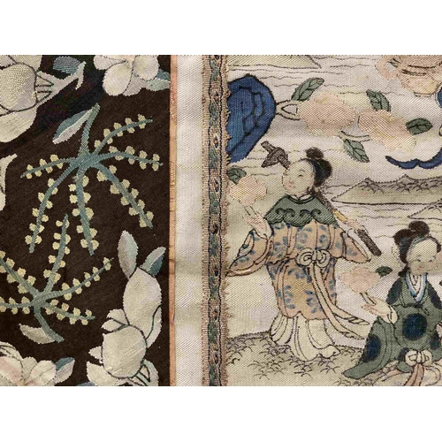 163 - Early 20th cent. Chinese silk embroidered panels c1900-1920 both with central panels decorated with ... 