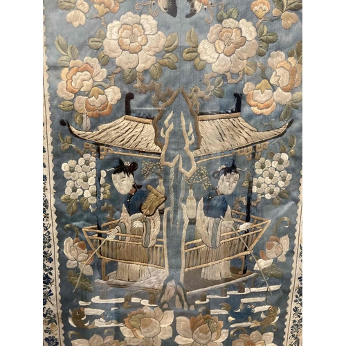 163 - Early 20th cent. Chinese silk embroidered panels c1900-1920 both with central panels decorated with ... 