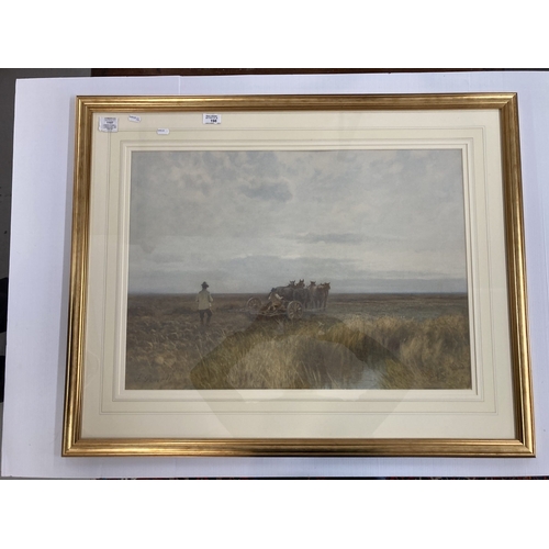 198 - Joseph Powell: Watercolour, landscape with horse-drawn harrow, framed and glazed. 50cm x 72cm.... 