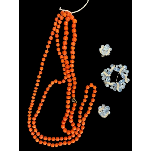 262 - Costume Jewellery: Double knotted red coral bead necklace 95cm long, a second coral necklace 46cm an... 