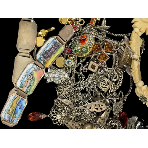 266 - Costume Jewellery: Amber and silver necklace, a micromosaic bracelet and other silver and white meta... 