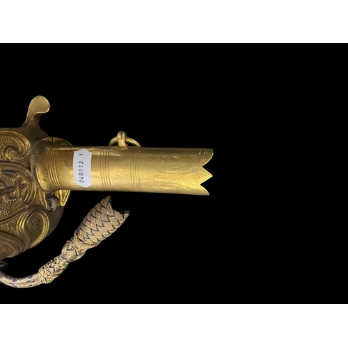 268 - Militaria: Early 20th cent. Royal Naval Officer's Dress Sword with lion head pommel, wire bound shag... 