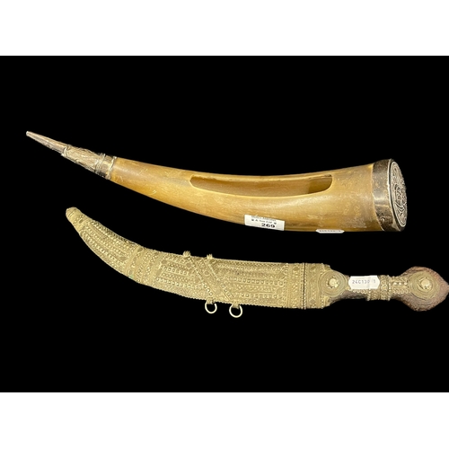 269 - 20th cent. Tribal Jambiya dagger white metal encrusted scabbard, 15½ins. Plus a white metal topped h... 