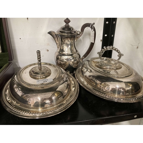 29 - Platedware: E.P.N.S oval vegetable dishes, covers and handles plus Garrard & Co coffee pot. (3)... 