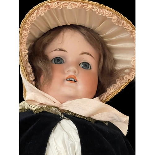 333 - Dolls: German made bisque head, open mouth, four teeth, blue eyes, wood and composition body, real h... 