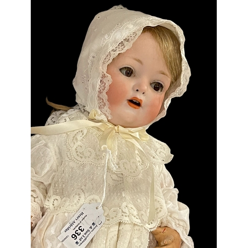 336 - Dolls: German made by Melitta A.M c1910, bisque socket head, weighted brown glass eyes, open mouth, ... 