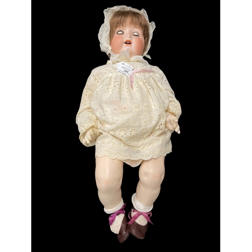 349 - Dolls: German made by Armand Marseille c1925, bisque socket head, weighted blue glass eyes, open mou... 