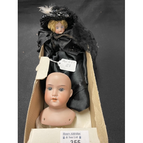 355 - Dolls: Mourning doll with ceramic head unmarked, 9ins. Plus bisque Armand Marseille 6/0 DEP Made in ... 