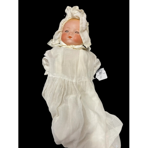 357 - Dolls: German made by Armand Marseille c1926, bisque socket head, weighted blue glass eyes, open mou... 