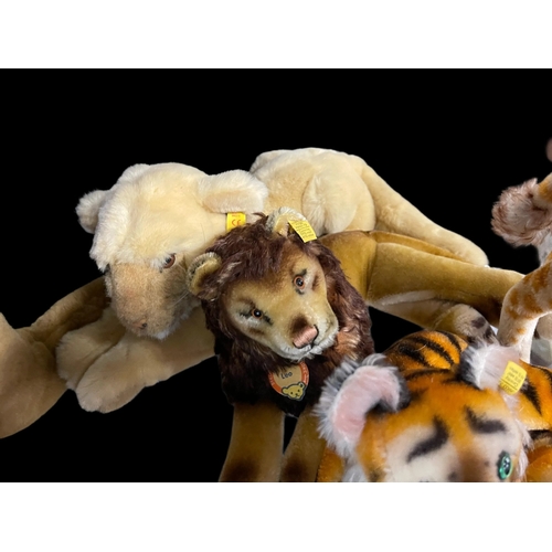 370 - Steiff Toys: Medium size lioness, lion, green-eyed tiger, giraffe and small grey elephant. (5)... 