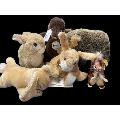 394 - Steiff Toys: Sleeping rabbit, Hoppel rabbit, wild bear, mole and squirrel.