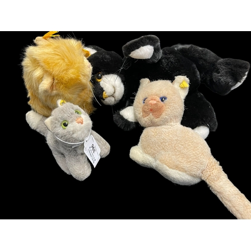 396 - Steiff Toys: Cats black, white, medium size ginger, small grey, blue-eyed cat.