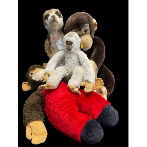 403 - Steiff Toys: Large brown chimp, large brown chimp in a suit, pale monkey, Mungo meerkat.... 