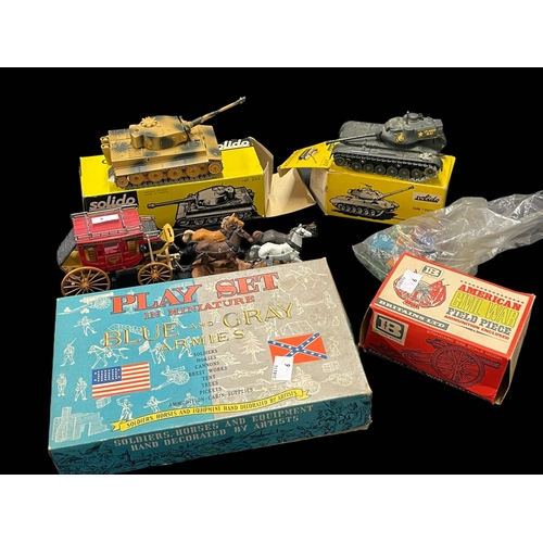 410 - Toys & Games: Solido 222 WWII German Tiger Tank, boxed Solido 202, WWII Patton M-47 tank boxed, Brit... 