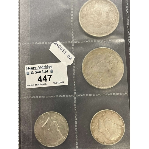 447 - Numismatics: American coins 1885 Silver Dollar, 1921 Silver Eagle Dollar, 1967 Kennedy half dollar x... 