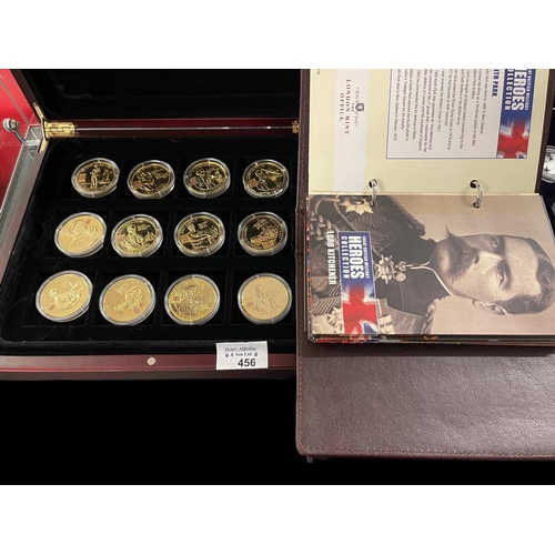 456 - Coins: Cased set of cupronickel gold plated War Heroes 18 crowns and an album of Heroes cards.... 