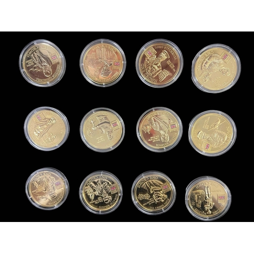 456 - Coins: Cased set of cupronickel gold plated War Heroes 18 crowns and an album of Heroes cards.... 