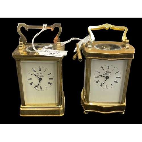 497 - Clocks: Brass carriage clock, white enamel, Roman numerals, serpentine front. Plus another of plain ... 