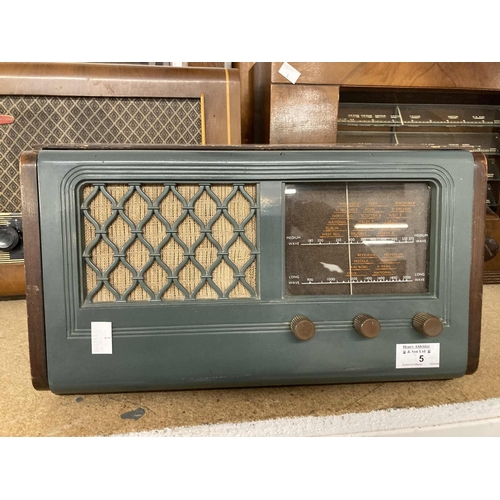 5 - Radios: Mid 20th cent. Timber cased radios including Philips Lamps Ltd 797A, Buzih Radio S.W.43, His... 