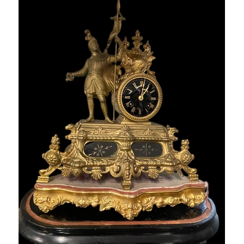 501 - Clocks: 19th cent. French Spelter chiming mantel clock, movement Masti & Cie, armorial decoratio... 