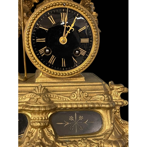 501 - Clocks: 19th cent. French Spelter chiming mantel clock, movement Masti & Cie, armorial decoratio... 