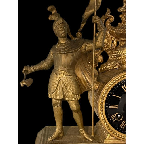 501 - Clocks: 19th cent. French Spelter chiming mantel clock, movement Masti & Cie, armorial decoratio... 