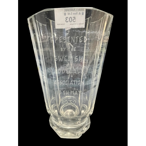 503 - Football/Arsenal: Swedish Football Association Orretors art glass vase engraved 'Presented By The Sw... 