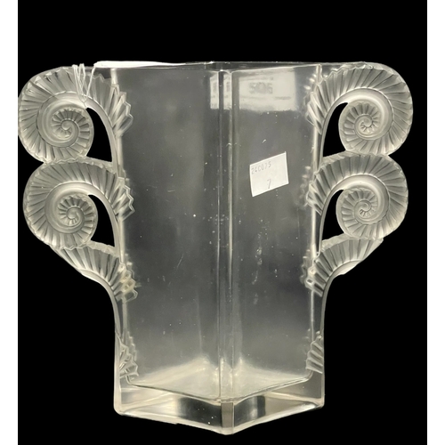 506 - 20th cent. Glass: Lalique, Amiens, vase signed on base rim, two pairs of frosted scroll handles c192... 