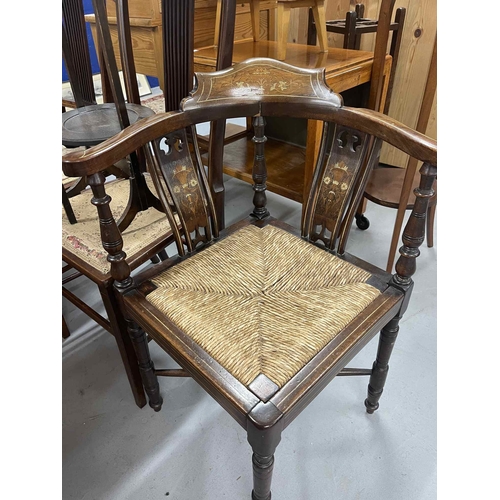 51 - Furniture: 19th cent. Mahogany three inlaid bedroom chairs, an inlaid corner chair, a three-tier cak... 