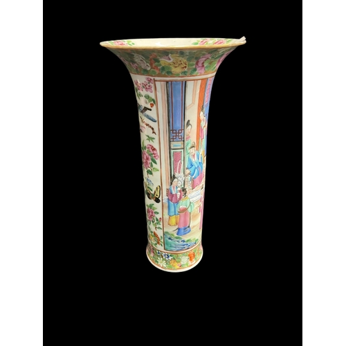 534 - Chinese: 19th cent. Canton sleeve vase with flared rim, painted with flowers, figures and butterflie... 