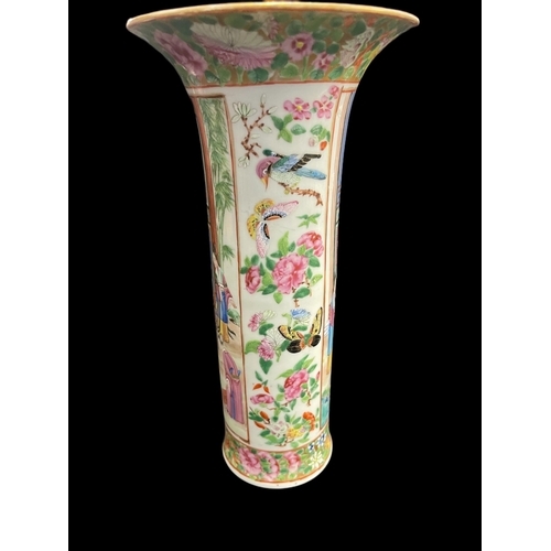 534 - Chinese: 19th cent. Canton sleeve vase with flared rim, painted with flowers, figures and butterflie... 