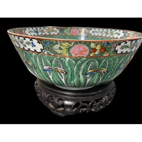 537 - Oriental: Modern Chinese bowl 26cm across, on wooden stand c1970, together with a Japanese Satsuma v... 