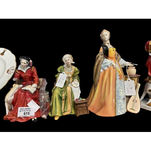 615 - Ceramics: Ceramics: Royal Doulton Figurines - Henry VIII HN3350, Jane Seymour 33499, Anne Boleyn 323... 