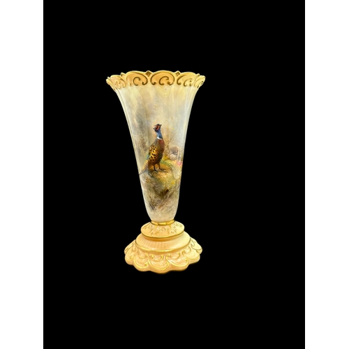 631 - Ceramics: Royal Worcester trumpet vase painted with a pheasant signed JAS Stinton date code for 1914... 