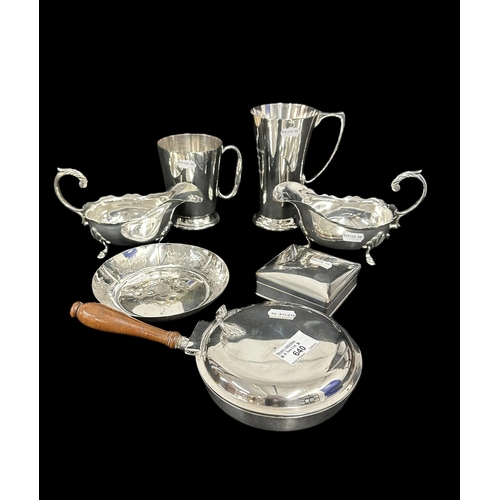 640 - Silver Plate: Flying handle sauce boats on three hoof feet, tapering tankard x 2 plus other plated i... 