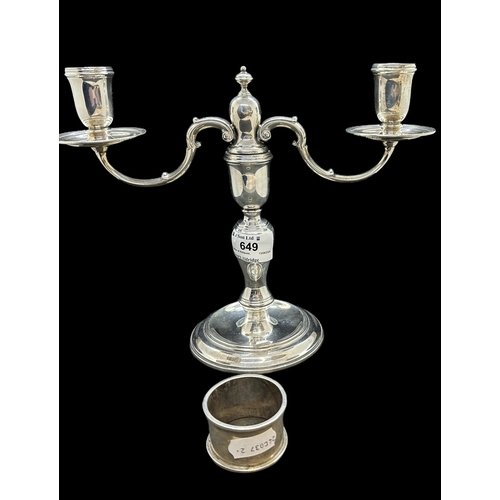 649 - Hallmarked Silver: Two-branch candelabra Mappin & Webb, London 1964, 19cm high. Together with a ... 