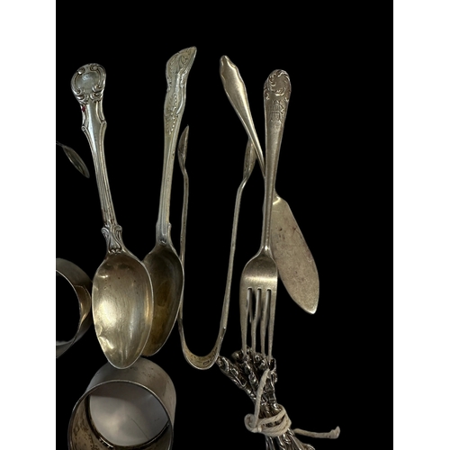 665 - Hallmarked Silver: Apostle coffee spoons x 6, napkin rings x 4, pepper pot, Georg Jensen cream ladle... 