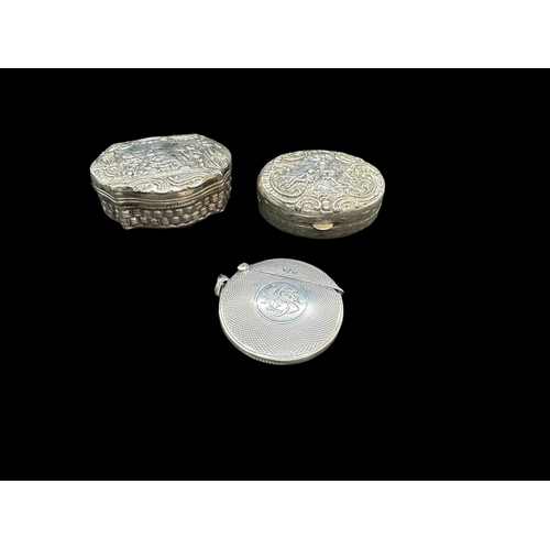 678 - Hallmarked Silver: Round Vesta case with engine turned decoration, Birmingham 1905, together with tw... 