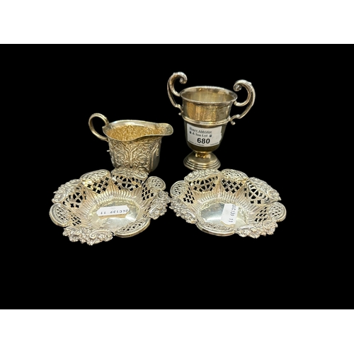 680 - Hallmarked Silver: Pair of pierced dishes, Birmingham 1897, a silver two-handled trophy cup, Birming... 